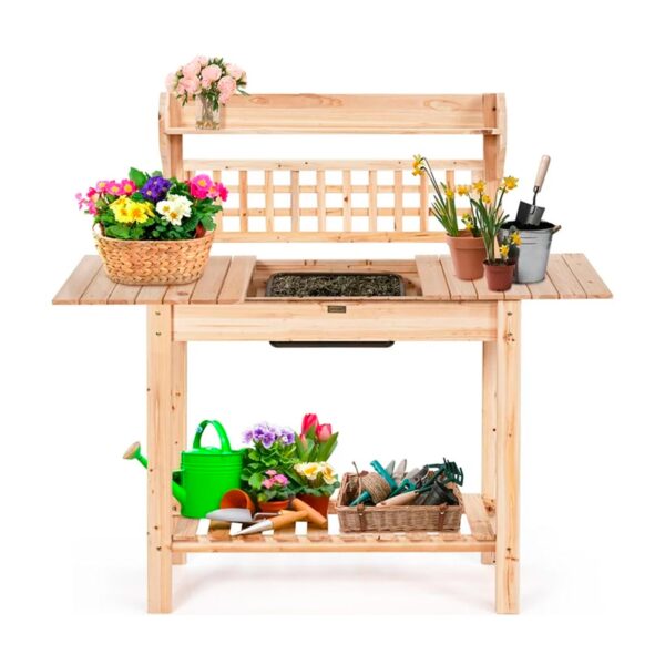 Costway Garden Potting Bench Workstation Table w_Sliding Tabletop Sink Shelves