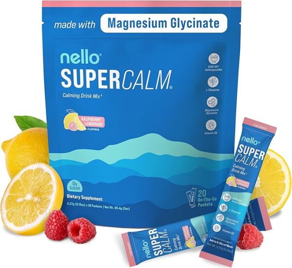 Nello Supercalm Powdered Drink Mix, Raspberry Lemonade, Supplements for Relaxation & Focus, No Sugar,