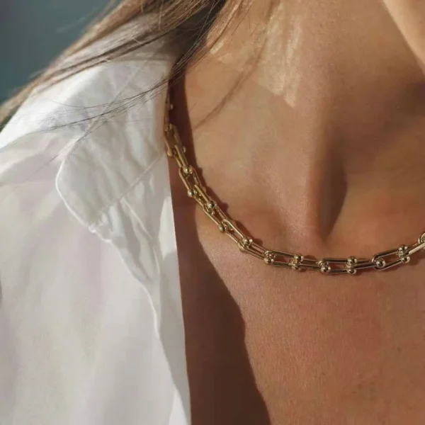 waterproof 18k real gold plated stainless steel U chain choker necklace gold - Image 3