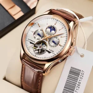 Lige 6826 Men Mechanical Casual Watches Reloj Retro Tourbillon Waterproof Leather Luxury Business Sport Automatic Watch For Mens